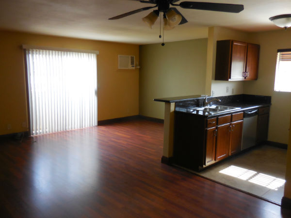 Warm minimalist dining and kitchen area